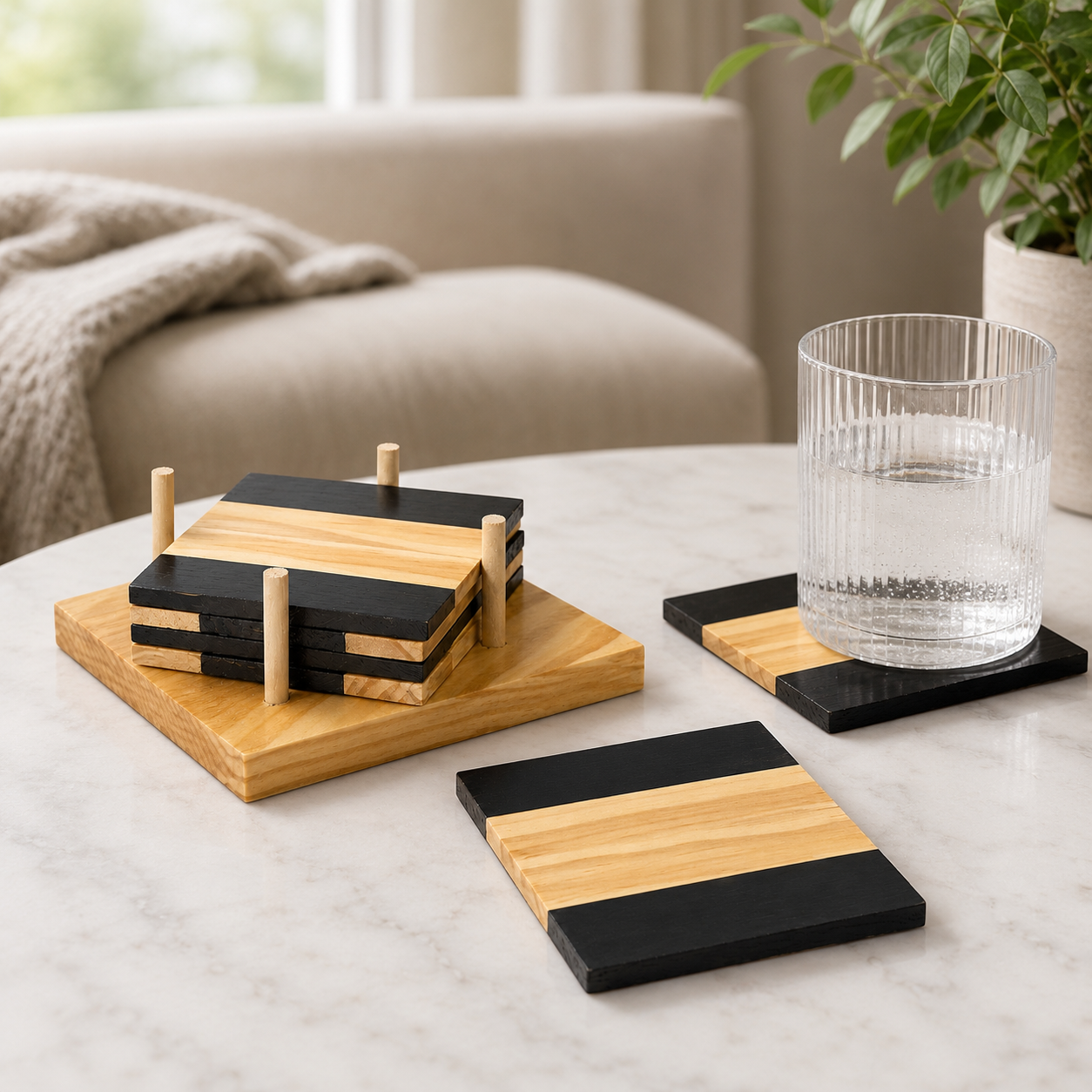 Two-Tone Wooden Cup Holder Set